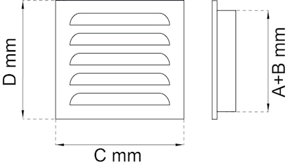 Diagram av ventilationsgaller med sidoprofil och måttangivelser: A+B mm, C mm och D mm.