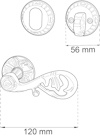 Ritning av dörrhandtag i viktoriansk stil med mått, 120 mm längd, 56 mm bredd.