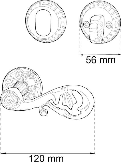Ritning av dörrhandtag i viktoriansk stil med mått, 120 mm längd, 56 mm bredd.