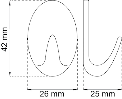 Skiss av kroken med måtten 42 mm höjd, 26 mm bredd och 25 mm djup.
