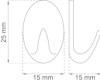 Ritning av oval form med mått, 15 mm bredd och 25 mm höjd, samt sidan visar kurvstruktur.