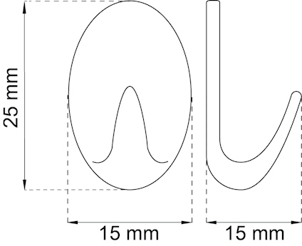 Ritning av oval form med mått, 15 mm bredd och 25 mm höjd, samt sidan visar kurvstruktur.