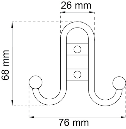 Ritning av krok med två hakar, mått på 68 mm höjd och 76 mm bredd, 26 mm mellan skruvarna.