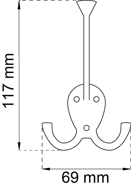 Ritning av en dubbelkrok med måtten 117 mm höjd och 69 mm bredd markerade.