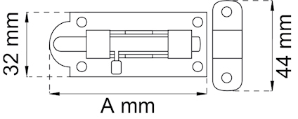Ritning av ett gångjärn med måtten 32 mm och 44 mm angivna, samt markering av måttet "A mm".