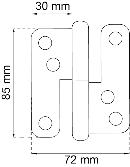Skissteckning av gångjärn med mått: 85 mm höjd, 72 mm bredd, 30 mm mellan skruvhålen.