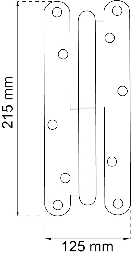 Ritning av ett gångjärn med måtten 215 mm x 125 mm.