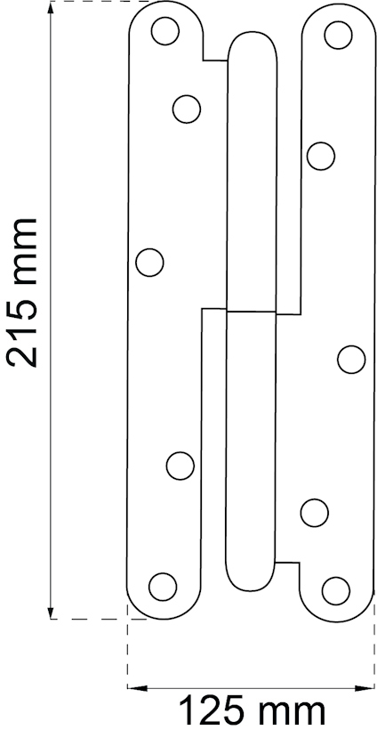 Ritning av en dörrgångjärn med måtten 215 mm höjd och 125 mm bredd, med hål för skruvar.