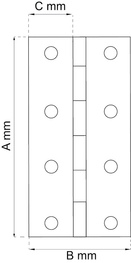 Ritning av en rektangulär gångjärn med sex hål, markerade mått A, B och C i millimeter.