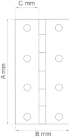 Diagram av en gångjärn med sex skruvhål, markerade mått A mm, B mm, C mm.