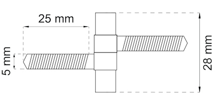 Ritning av en skruv med en rektangulär bricka, totalt 28 mm lång, skruv 25 mm, bricka 5 mm.