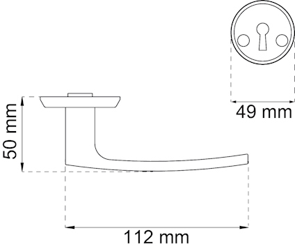Ritning av dörrhandtag med mått: längd 112 mm, höjd 50 mm, håldiameter 49 mm.