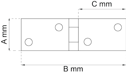Ritning av gångjärn med måtten A mm, B mm, och C mm markerade.