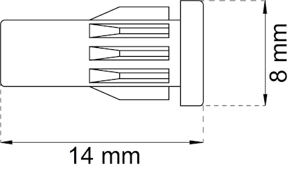 Ritning av en komponent med måtten 14 mm och 8 mm markerade, med en skårad struktur centralt.
