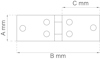 Diagram av en gångjärn med måttangivelser A mm, B mm, och C mm markerade. Fyra skruvhål synliga.