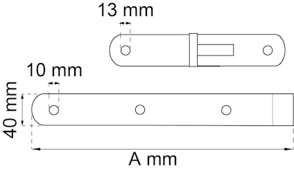 Ritning av en metallbeslagdel med måtten 13 mm, 40 mm och 10 mm. Markering för måttet A mm.