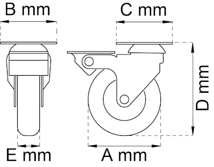 Ritning av hjul med måttangivelser: A, B, C, D, och E, alla angivna i millimeter (mm).