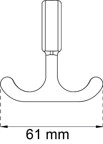 Ritning av T-formad handtag med en längd på 61 mm mellan de yttersta punkterna.