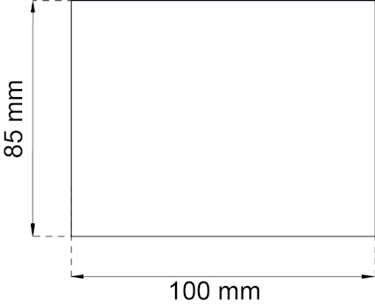 Rektangel med dimensioner: bredd 100 mm, höjd 85 mm. Streckade linjer markerar måtten.