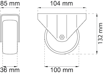 Ritning av en hjuldesign med mått: 85 mm, 104 mm, 132 mm, 36 mm, 100 mm.