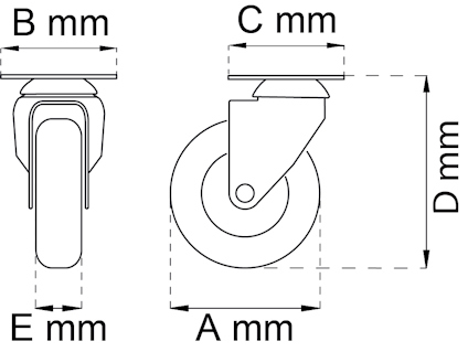 Ritning av ett svänghjul med måttangivelser A, B, C, D, och E i millimeter.