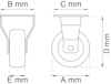 Ritning av hjul med måttindikeringar: A, B, C, D och E i millimeter.