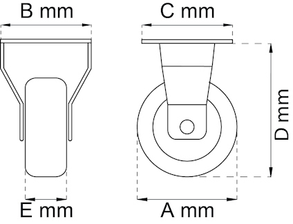 Ritning av hjul med måttindikeringar: A, B, C, D och E i millimeter.