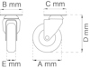Teckning av hjul med mått A, B, C, D och E markerade i millimeter.