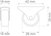 Ritning av en rund hjulmontering, med mått: höjd 28 mm, bredd 42 mm, hjulbredd 14 mm, hjuldiameter 26 mm, spårbredd 19 mm