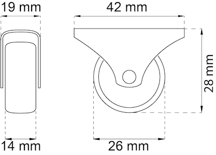 Ritning av en rund hjulmontering, med mått: höjd 28 mm, bredd 42 mm, hjulbredd 14 mm, hjuldiameter 26 mm, spårbredd 19 mm