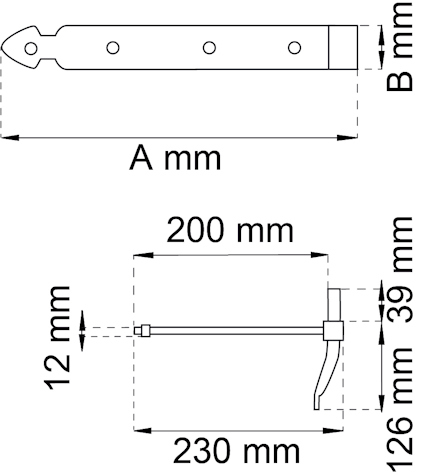 Ritning av metallbeslag med mått 230 mm och 126 mm, samt 200 mm hålavstånd.