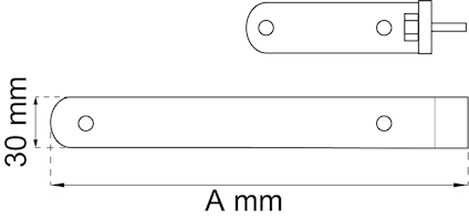 Ritning av en avlång metallplatta med hål i varje ände, markerad bredd på 30 mm och längd som "A mm".
