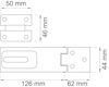 Måttsatt ritning av låsbeslag. Mått: 126 mm, 62 mm, 50 mm, 46 mm, 44 mm.