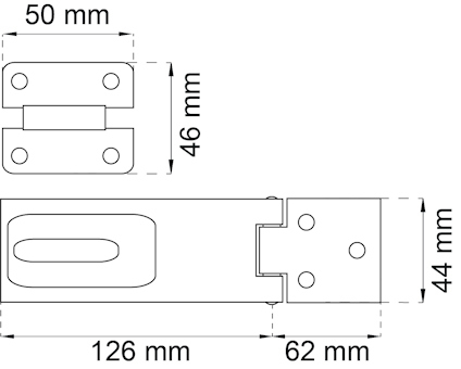 Måttsatt ritning av låsbeslag. Mått: 126 mm, 62 mm, 50 mm, 46 mm, 44 mm.