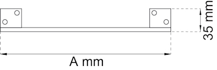 Ritning av en rektangulär metallstång med måtten A mm bredd och 35 mm höjd.