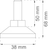 Schematisk ritning av en konformad komponent med måtten 38 mm och 68 mm, inklusive ett 50 mm högt fäste.