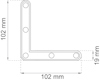 Metallvinkel med mått 102x102 mm, bredd 19 mm och tre runda hål per sida.