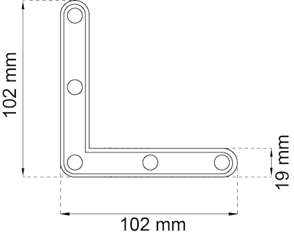 Metallvinkel med mått 102x102 mm, bredd 19 mm och tre runda hål per sida.