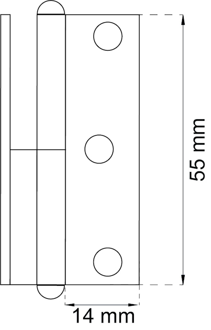 Gångjärnsritning med måtten 55 mm och 14 mm markerade.