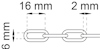 Kedja med länkar, 6 mm i bredd, 16 mm i längd, och 2 mm i tjocklek.