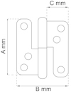 Diagramskiss av gångjärn med märkningar för höjd (A mm), bredd (B mm) och djup (C mm). Fyra hål syns.