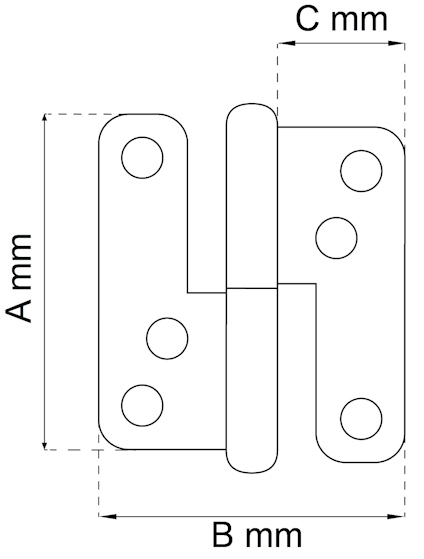 Diagramskiss av gångjärn med märkningar för höjd (A mm), bredd (B mm) och djup (C mm). Fyra hål syns.