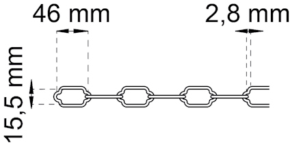 Diagram med kedjeform, 15,5 mm hög. Mellanrum mellan länkar: 46 mm horisontellt, 2,8 mm vertikalt.
