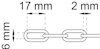 Diagram av en kedja med länkar. Länkstorlek anges: längd 17 mm, bredd 6 mm, tjocklek 2 mm.