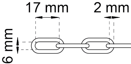 Diagram av en kedja med länkar. Länkstorlek anges: längd 17 mm, bredd 6 mm, tjocklek 2 mm.