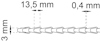 Diagram av en kedja visandes mätningar: 13,5 mm mellan länkar, tjocklek 0,4 mm och höjd 3 mm.