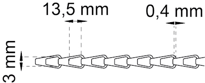 Diagram av en kedja visandes mätningar: 13,5 mm mellan länkar, tjocklek 0,4 mm och höjd 3 mm.