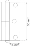 Ritning av gångjärn med tre hål, visar mått: höjd 55 mm, djup 14 mm.