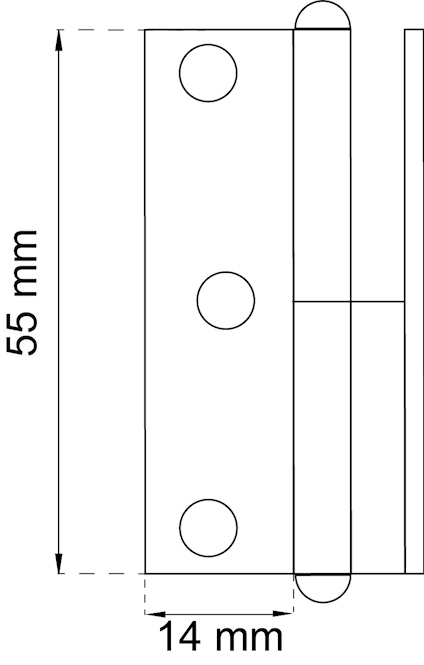 Ritning av ett gångjärn med måtten 55 mm högt och 14 mm brett, med tre monteringshål.