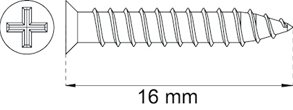 En skruv med krysshuvud och gängor, längd angiven till 16 mm.